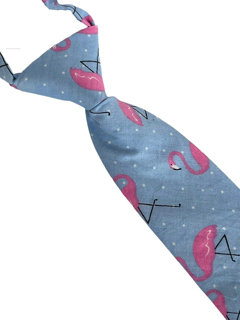 childrens light blue cotton tie with pink flamingo design